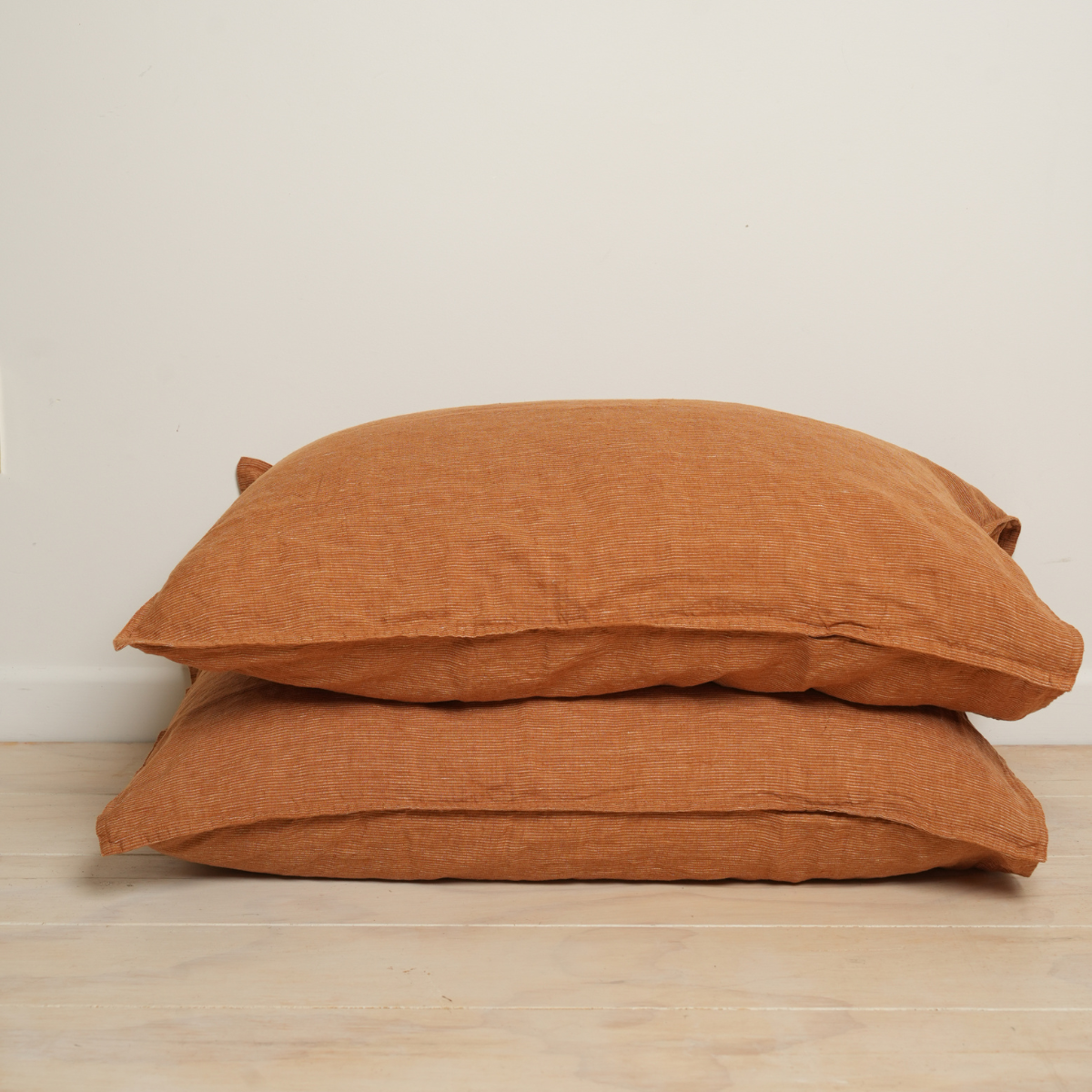 100% french linen pillowcase pair in caramel pinstripe