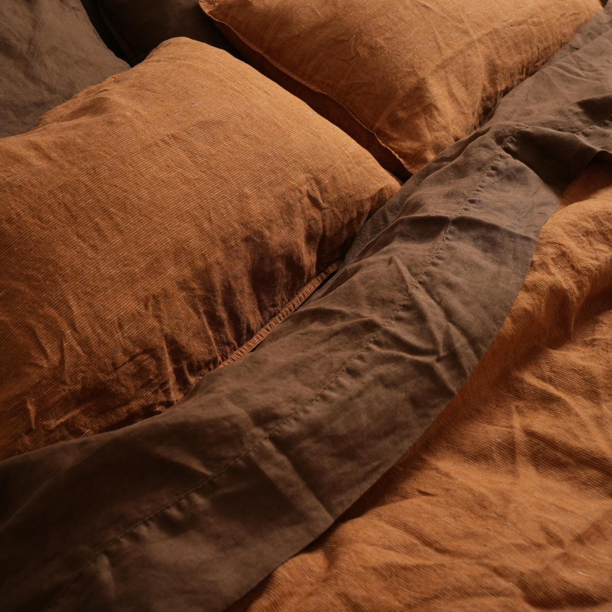 100% french linen pillowcase pair in caramel pinstripe, detail view