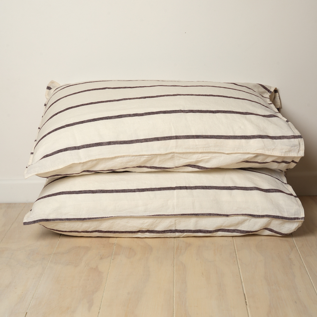 100% french linen pillowcase pair in cocoa stripe