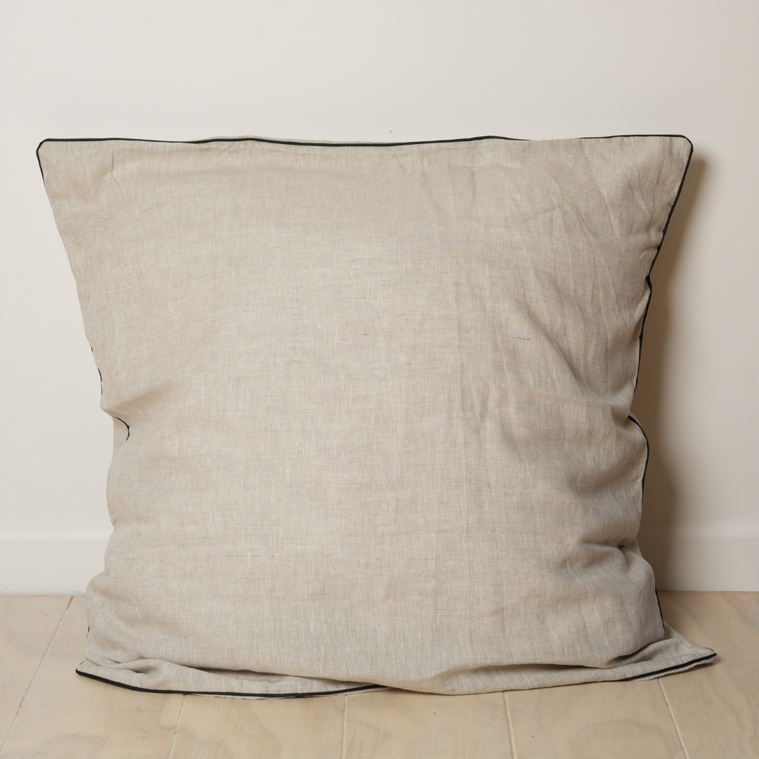 100% french linen piped euro pillowcase in natural oat /black