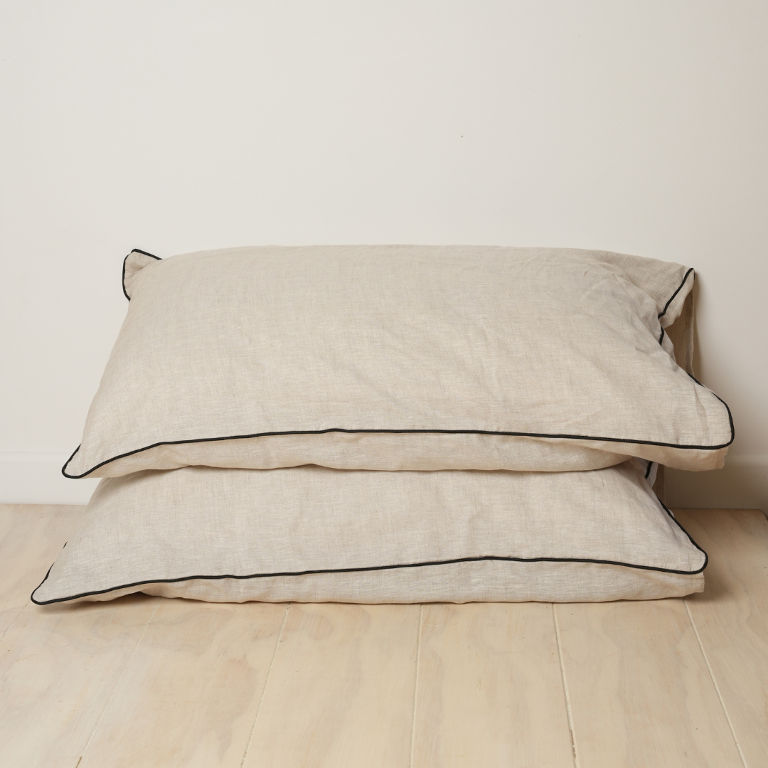 100% french linen piped pillowcase pair in natural oat/ black