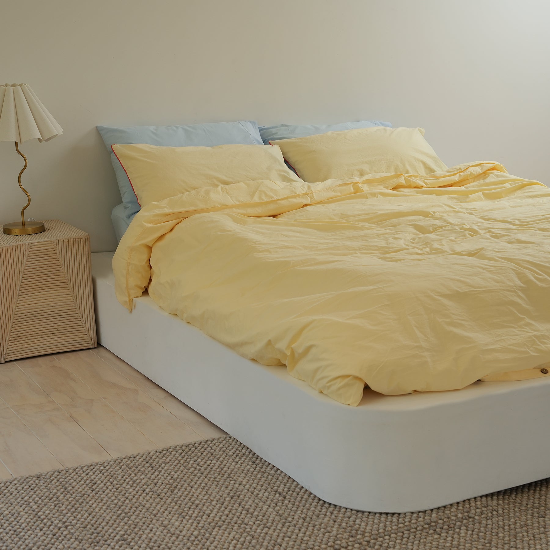 100% stonewashed cotton duvet set in butter, side view