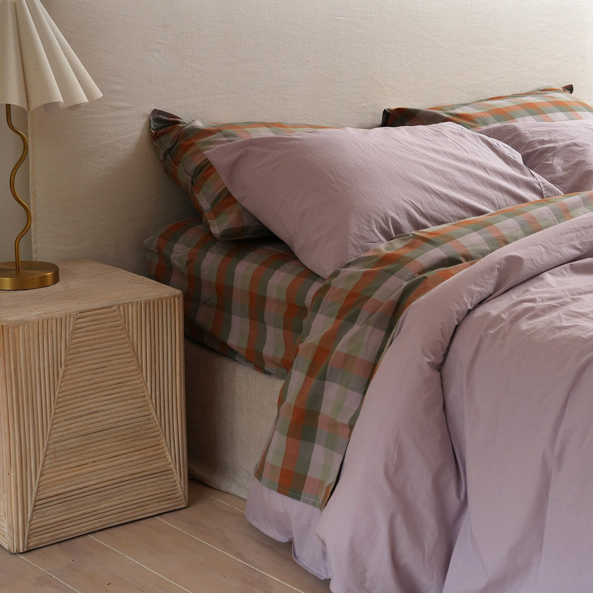 100% stonewashed cotton duvet set in lavender, styled shot