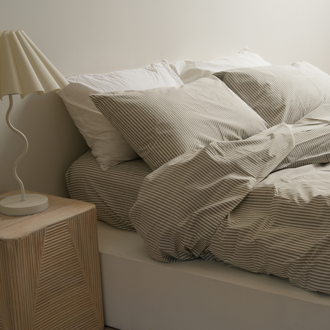 100% stonewashed cotton duvet set in olive stripe