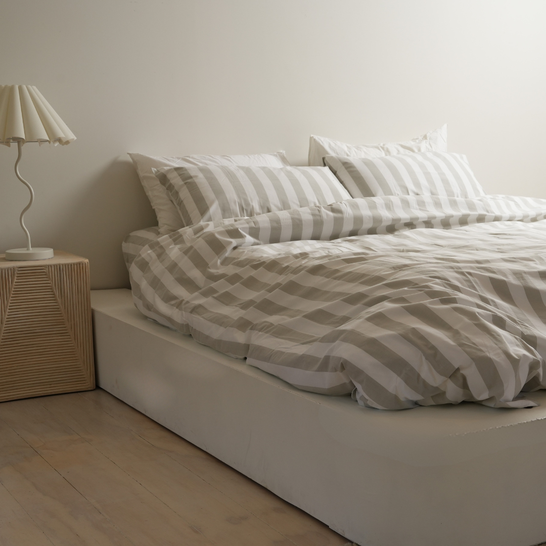 100% stonewashed cotton duvet set in sage stripe