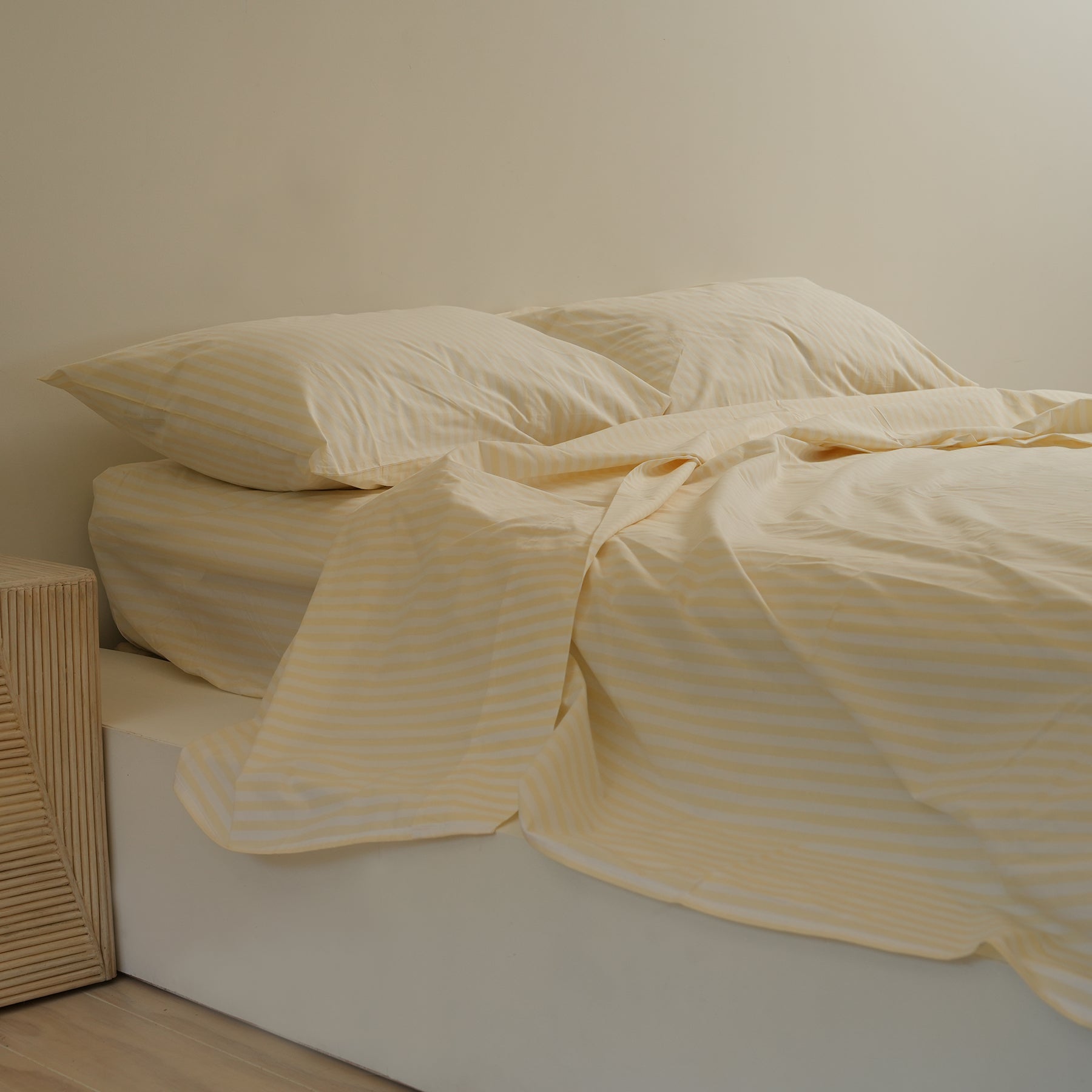 100% stonewashed cotton sheet set in butter stripe