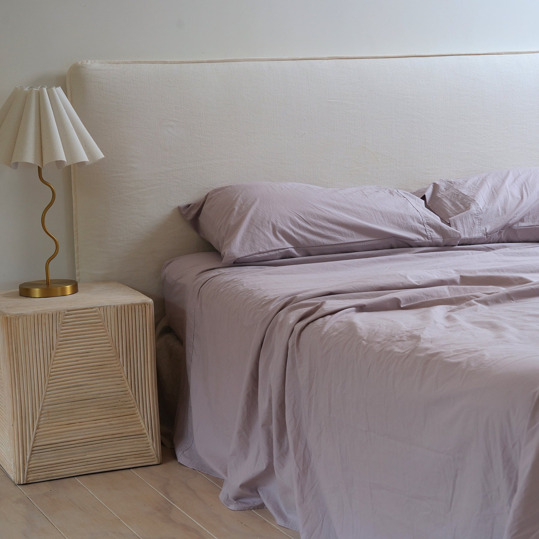 100% stonewashed cotton sheet set in lavender, alternate angle
