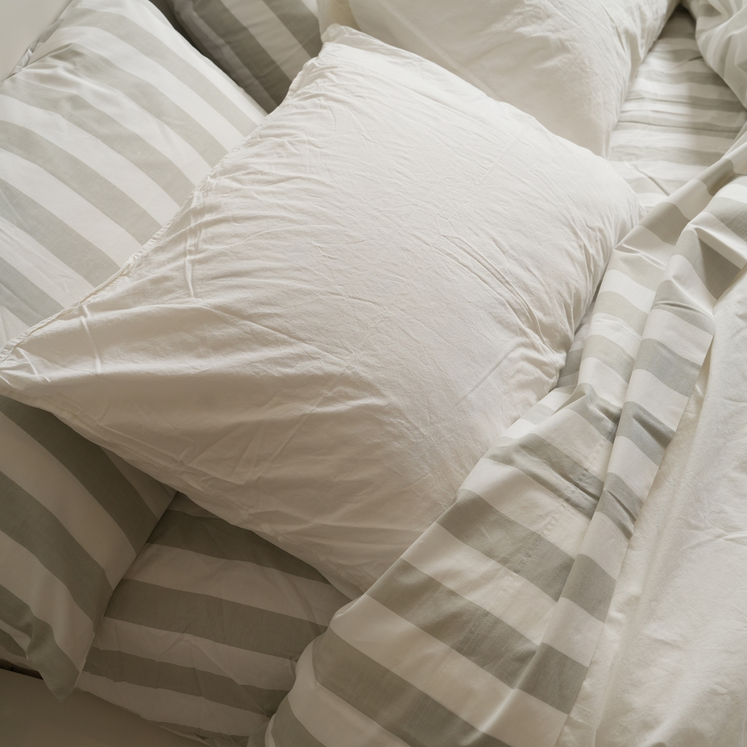 100% stonewashed cotton sheet set in sage stripe, close-up