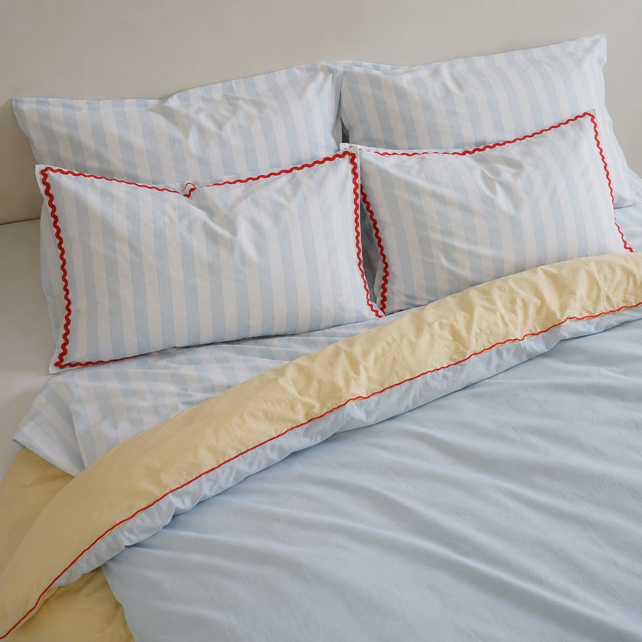 Bonnie Pillowcase Pair- Sky Blue Stripe/Red Trim