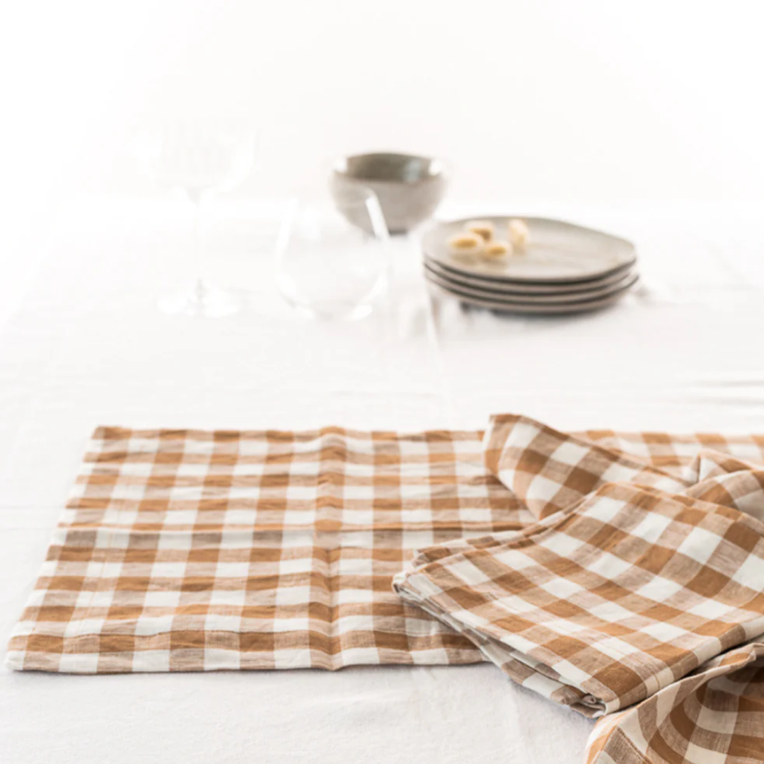 100% French Flax Linen Table Runner-Ginger Gingham