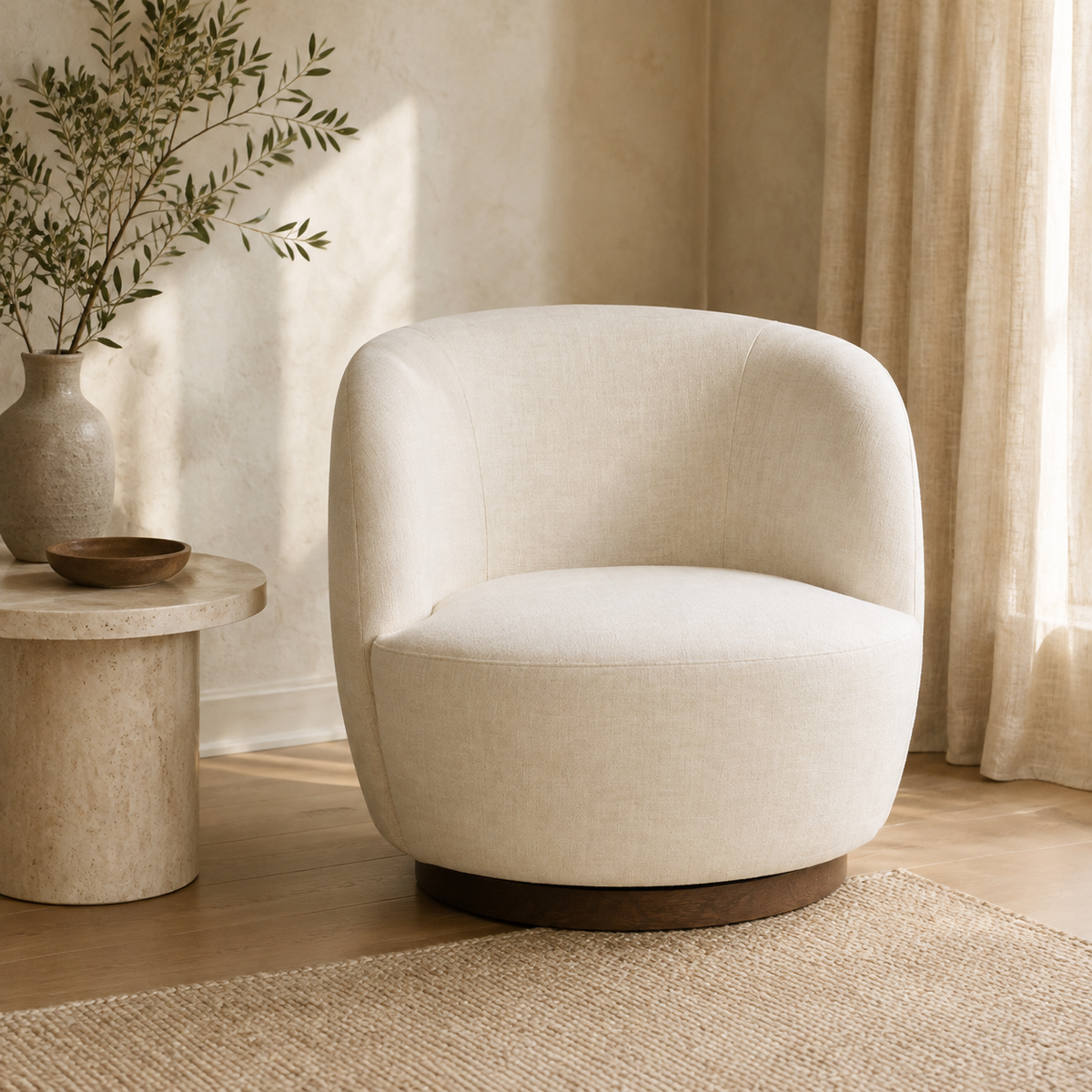 Mid Century Linen Swivel Chair styled in a Home Lab interior — option A
