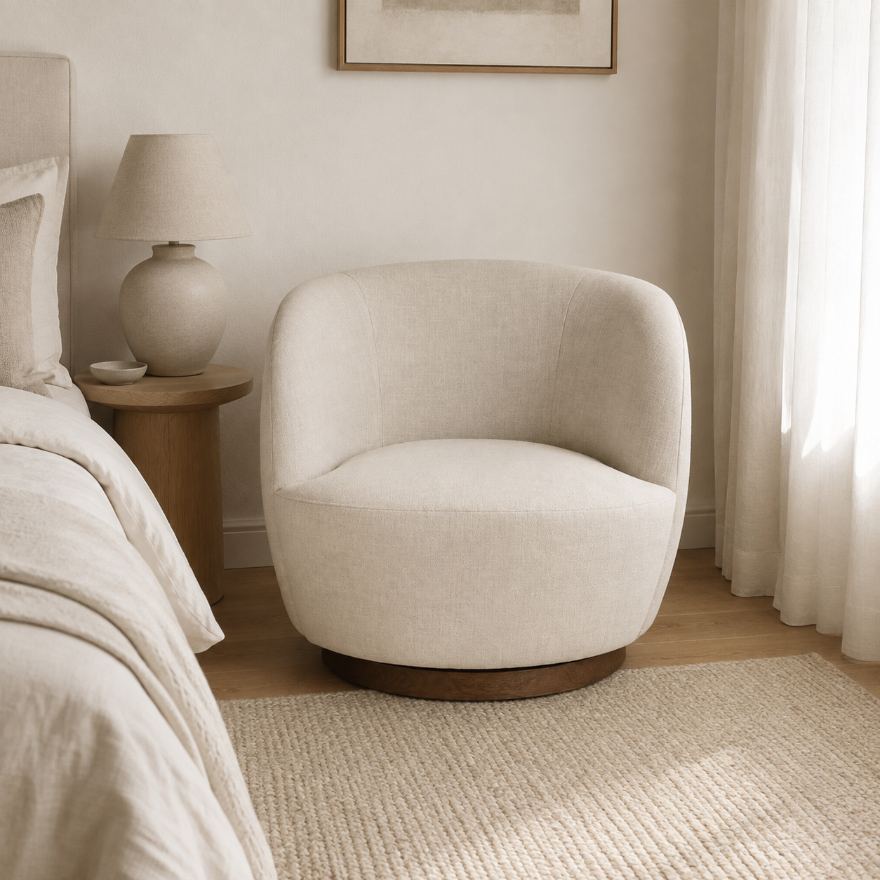 Mid Century Linen Swivel Chair styled in a Home Lab interior — option B