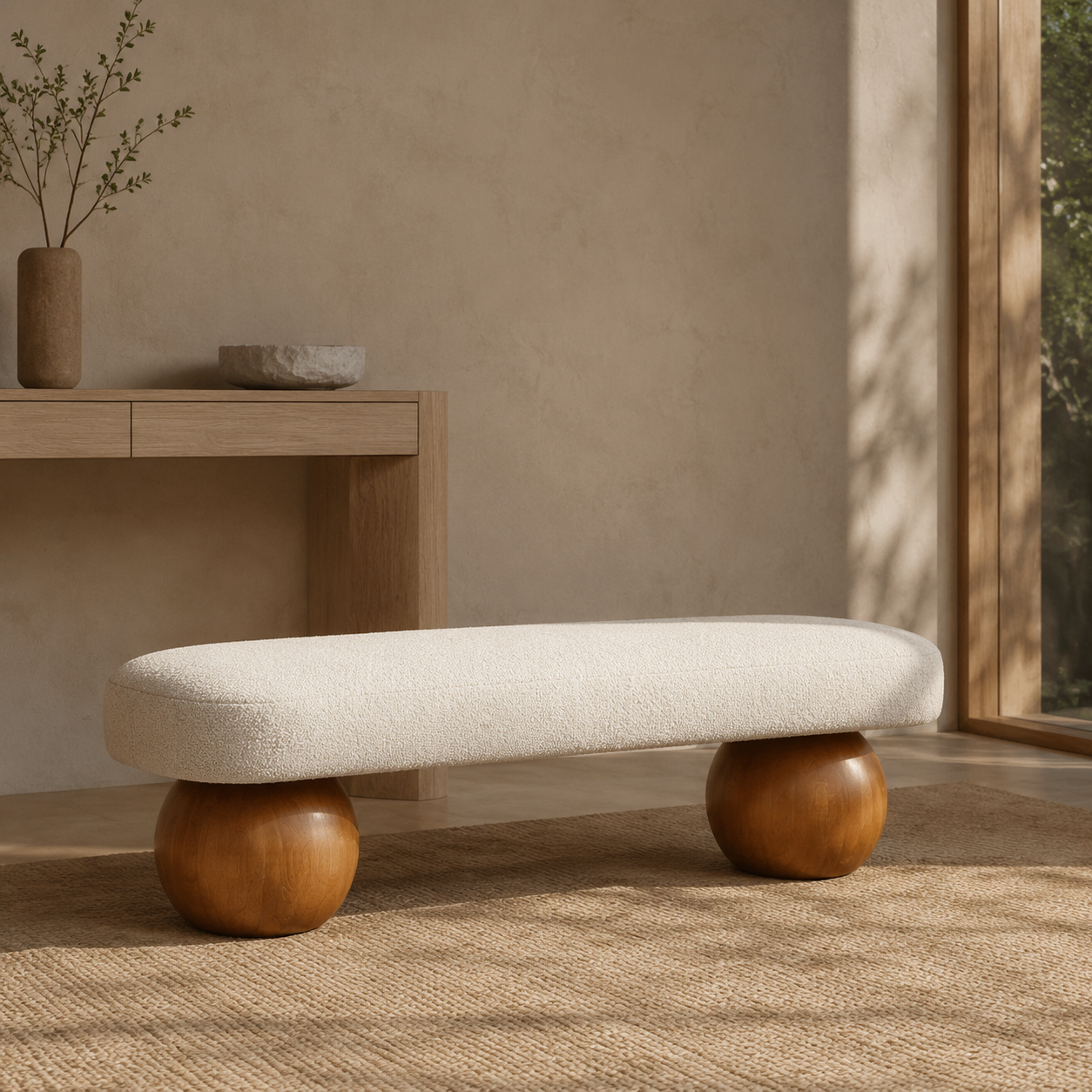 Helena Boucle Ottoman - Off White styled in a Home Lab interior — option C