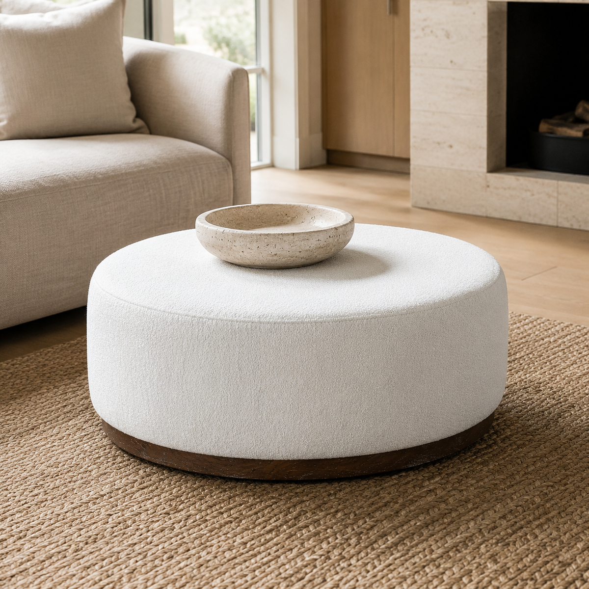 Round Boucle Ottoman/Coffee Table styled in a Home Lab interior — option A