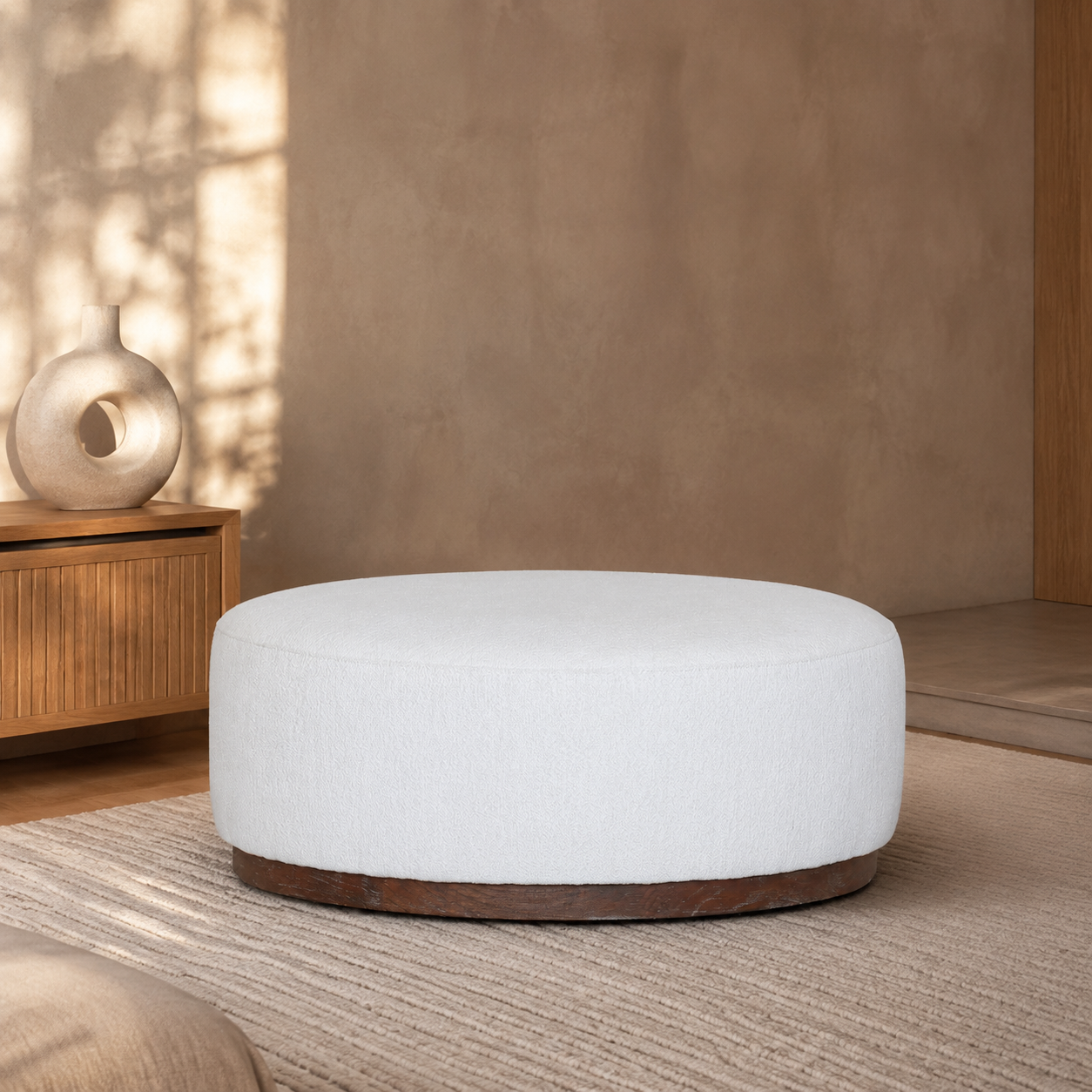 Round Boucle Ottoman/Coffee Table styled in a Home Lab interior — option B