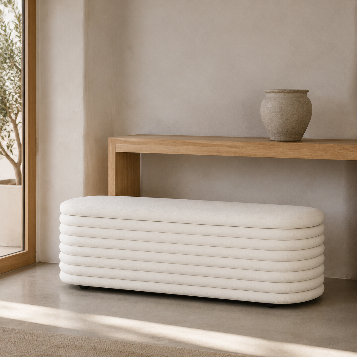 Channelled Boucle Storage Bench styled in a Home Lab interior — option B