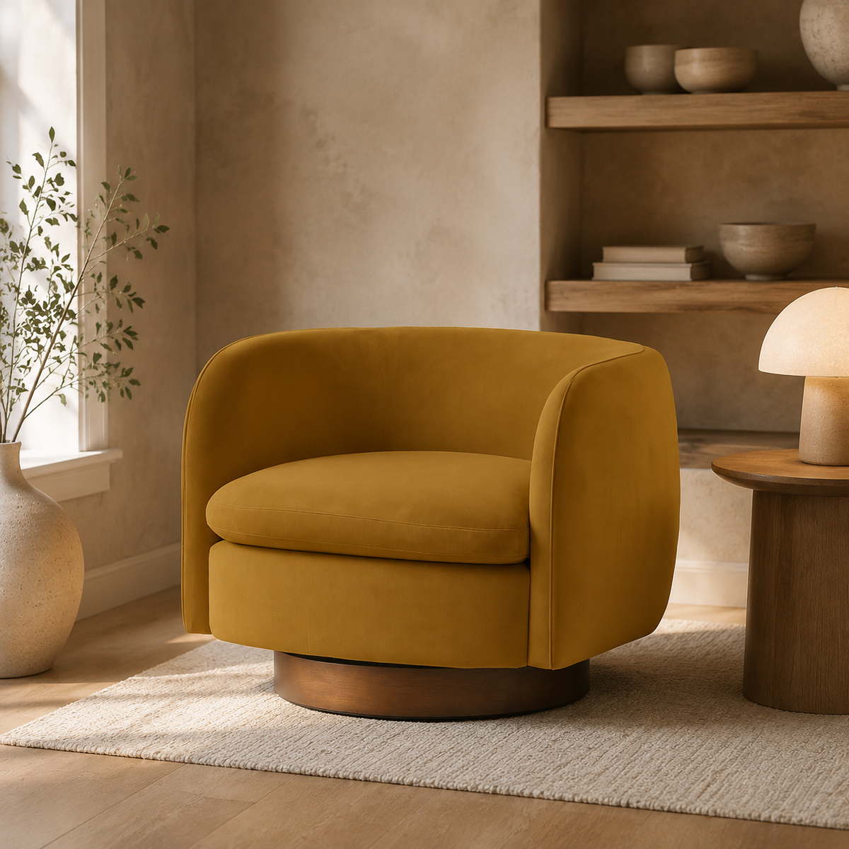 Charlie Swivel Chair - Camel Velvet styled in a Home Lab interior — option B