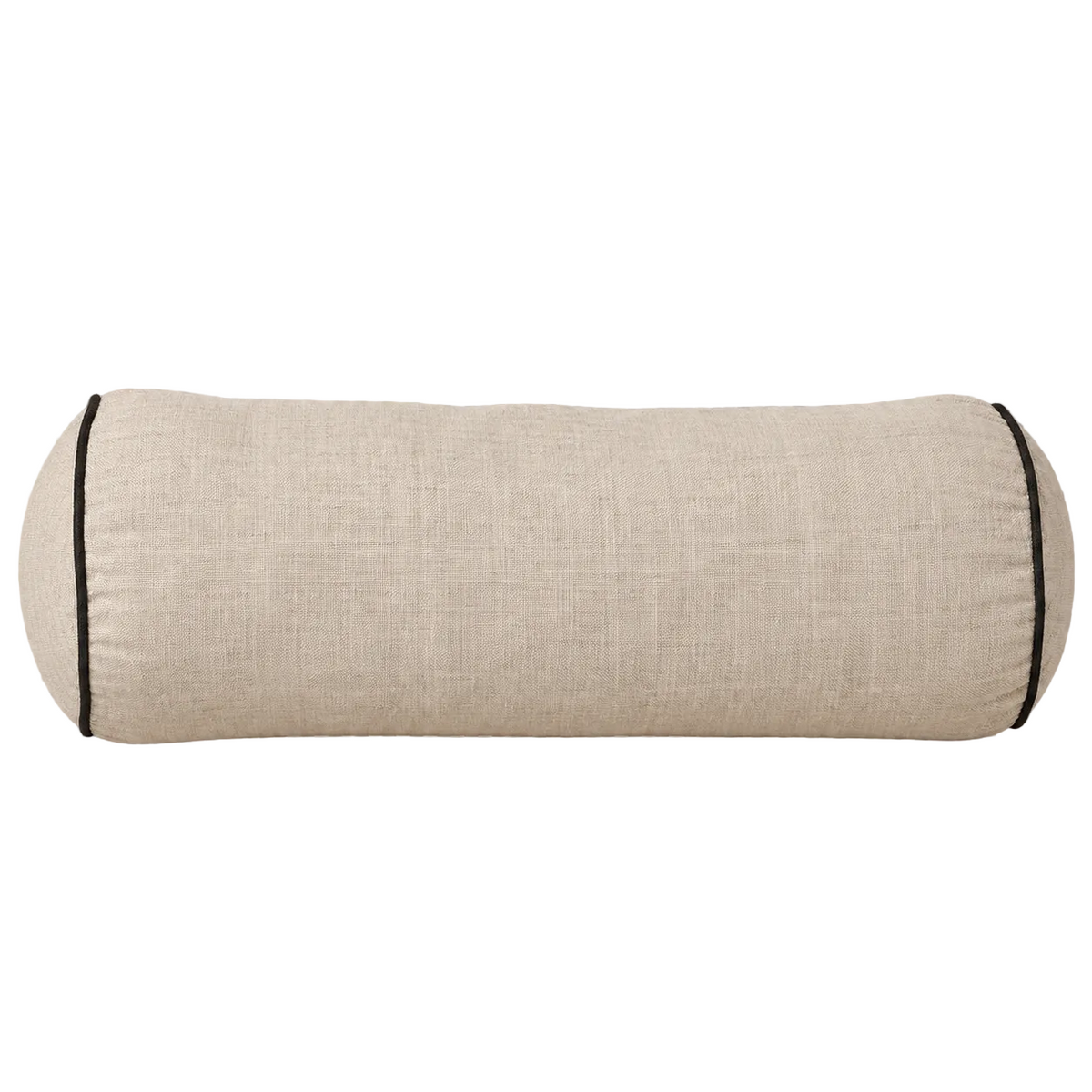 100% French Flax Linen Piped Feather filled Bolster Cushion- Natural Oat/ Black