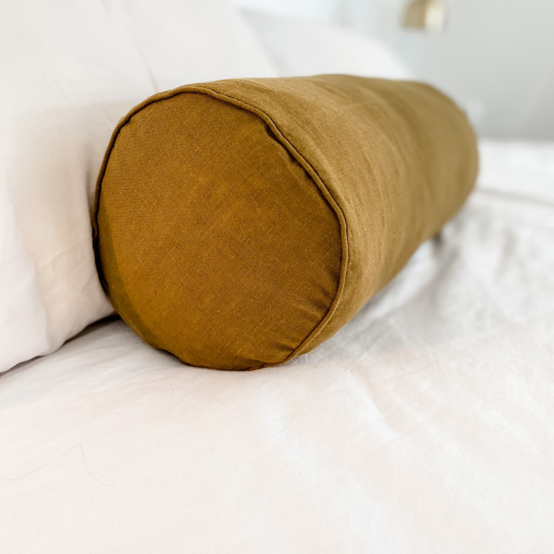 100% French Flax Linen Feather filled Bolster Cushion- Khaki