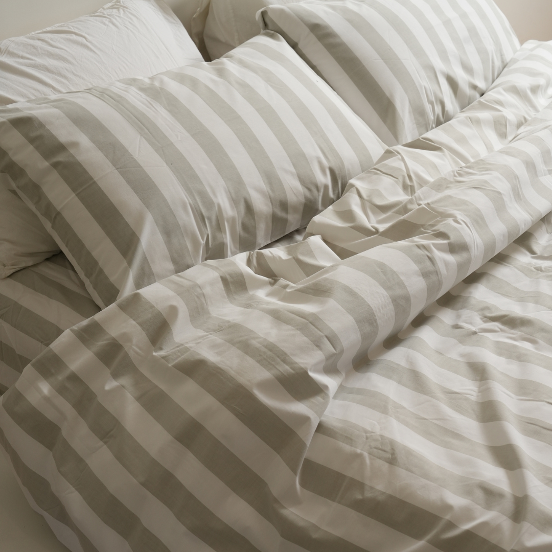 100% Stonewashed Cotton Duvet Set- Sage Stripe