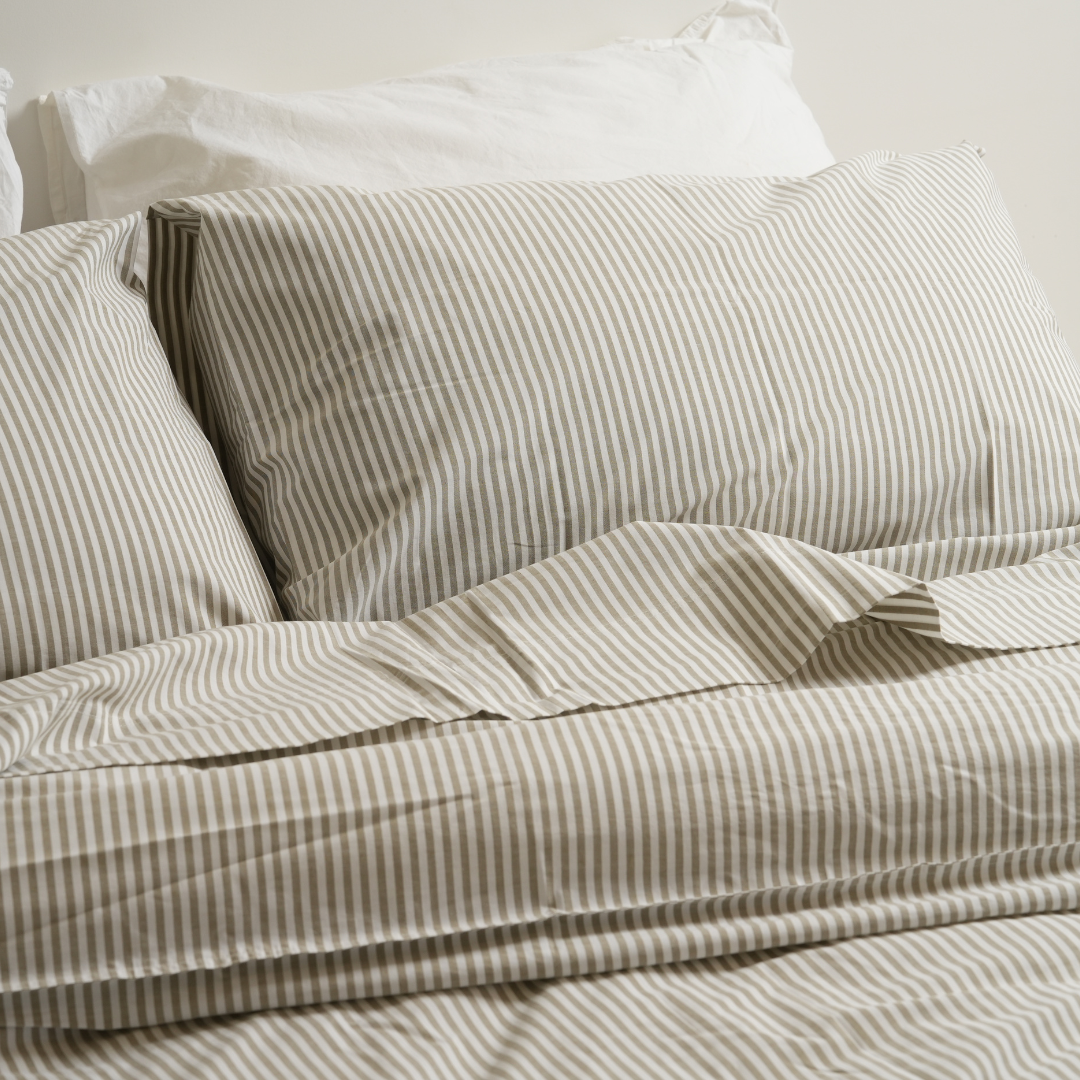 100% Stonewashed Cotton Duvet Set- Olive Stripe