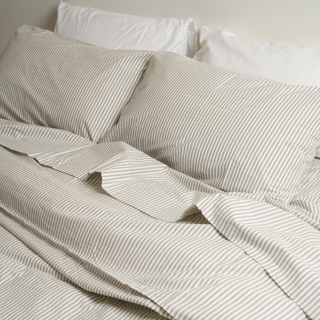 100% Stonewashed Cotton Duvet Set- Olive Stripe