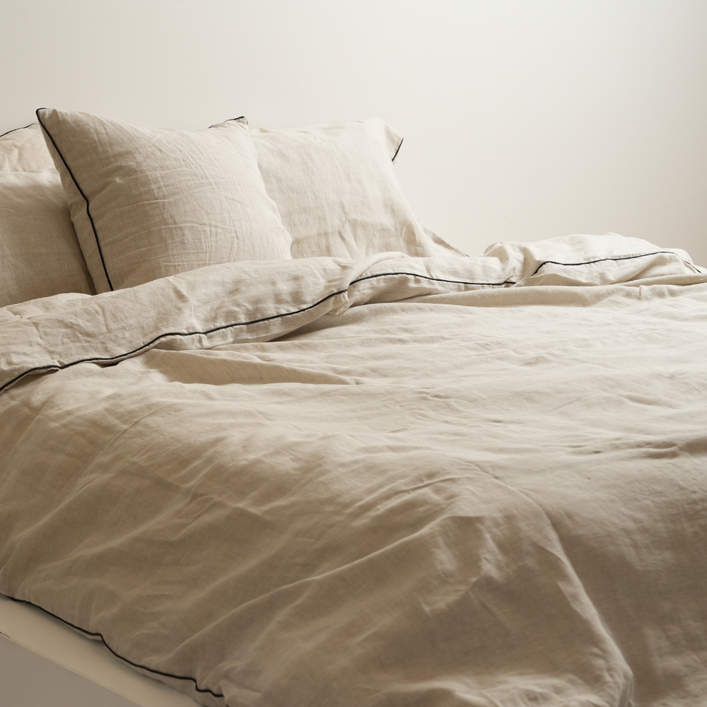 100% French Linen Piped Euro pillowcase- White/ Navy