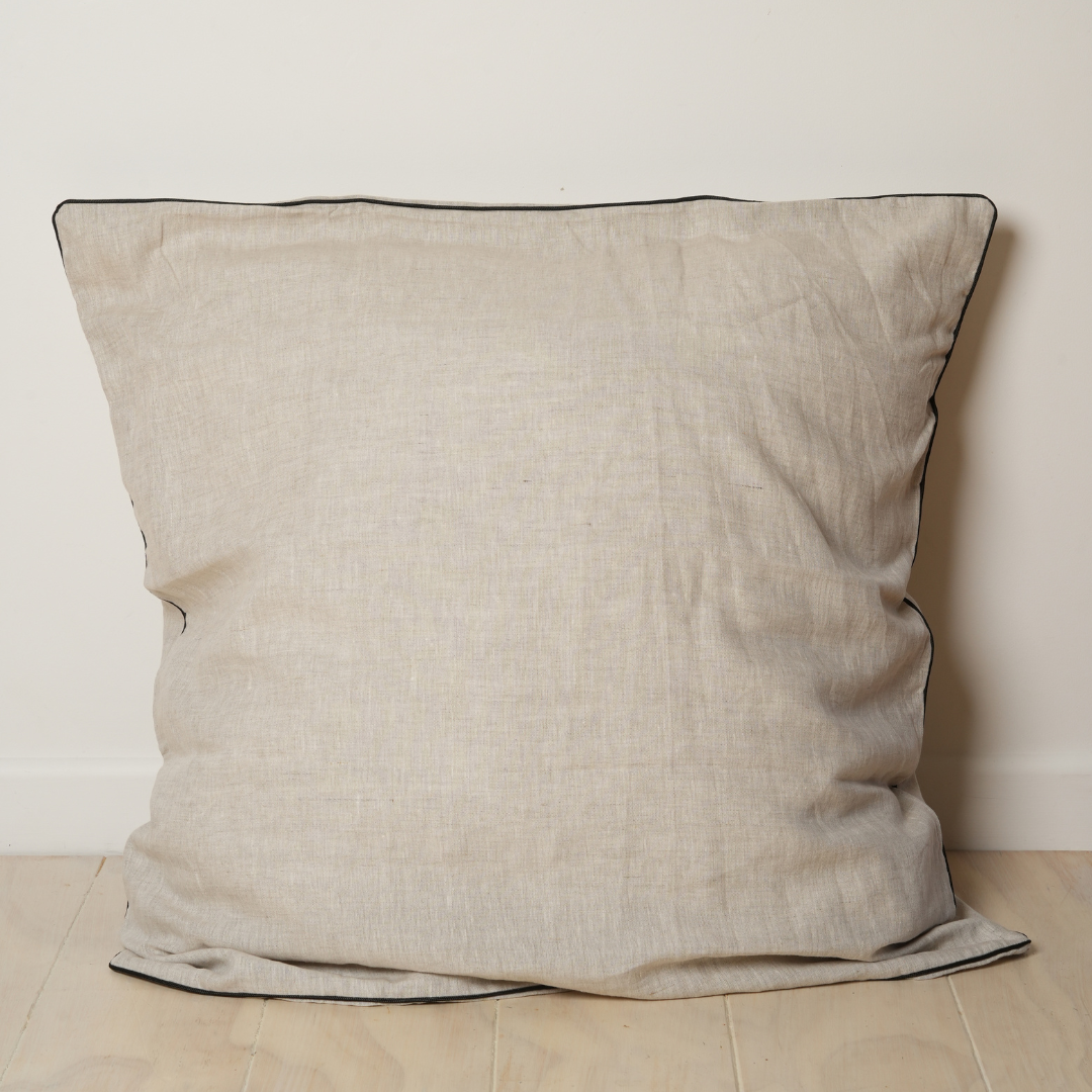 100% French Linen Piped Euro pillowcase- Natural Oat /Black