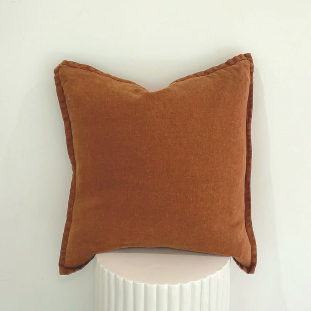 100% Belgium Linen Vintage Washed Cushion- Feather Filled - Tobacco