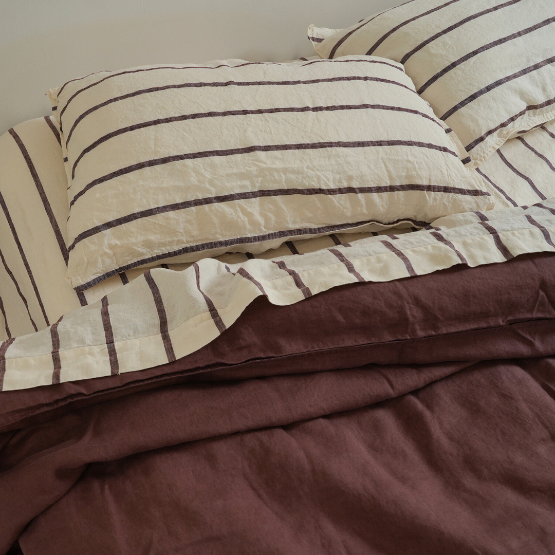 100% French Flax Linen Sheet set- Cocoa Stripe