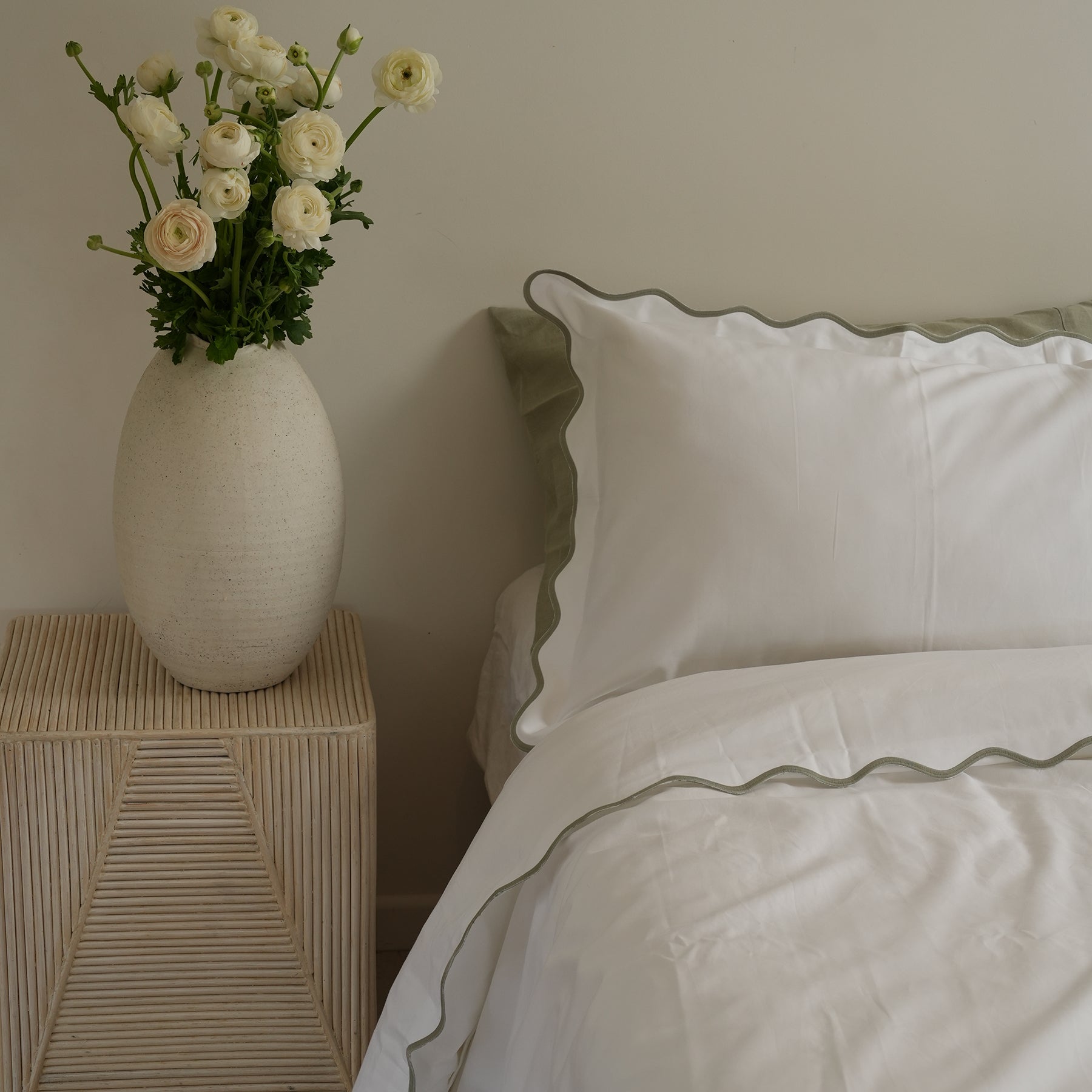 Celine duvet set in white/sage, detail view