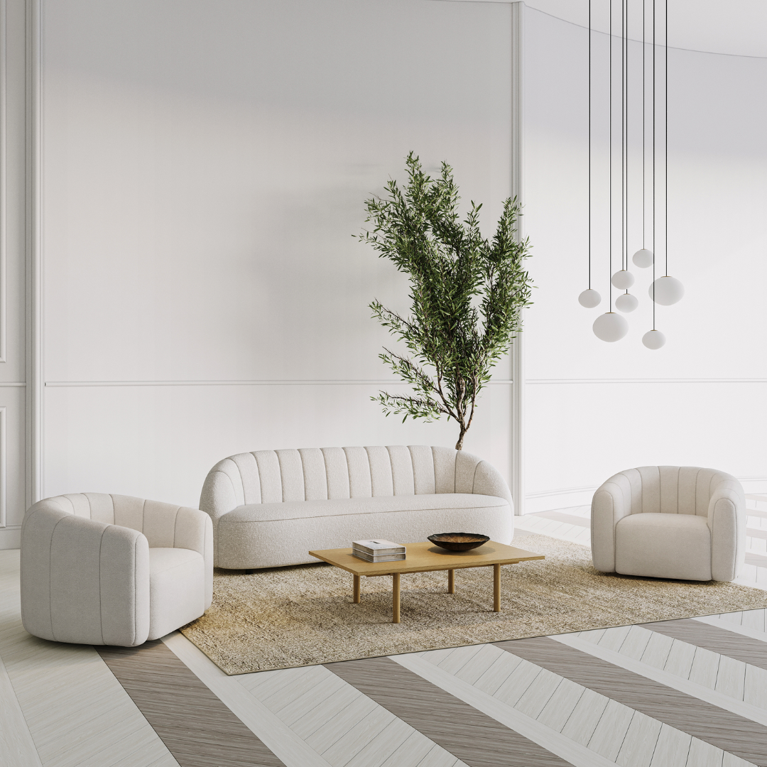 Channelled boucle swivel armchair, detail view