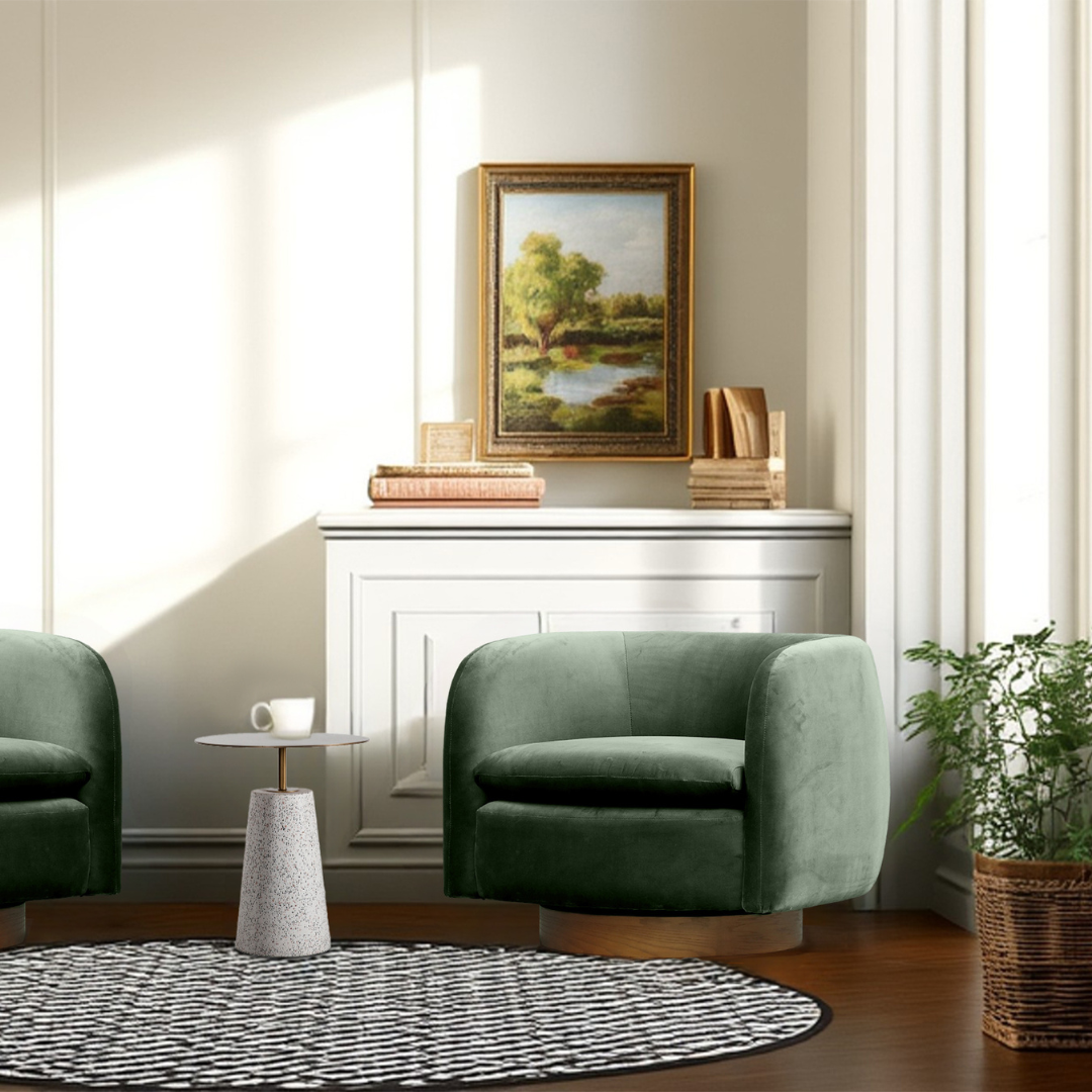 Charlie swivel chair in olive velvet, styled shot