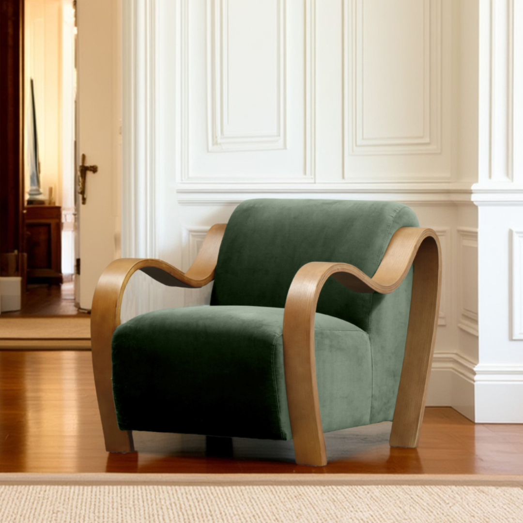 Clara accent chair olive velvet, close-up