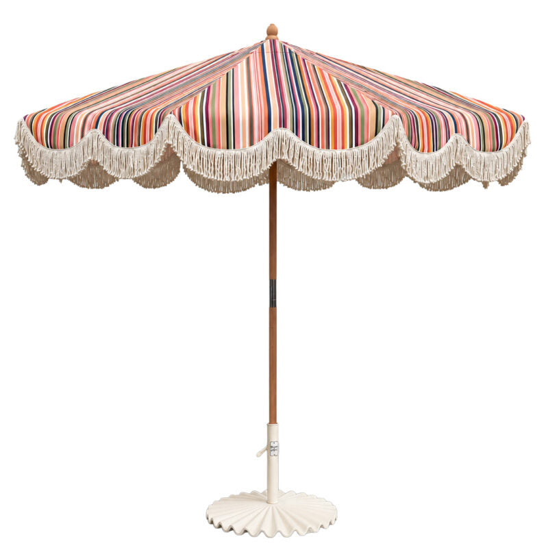 Market Umbrella – Nougat Stripe with retro stripe design, scalloped edging and cotton fringing