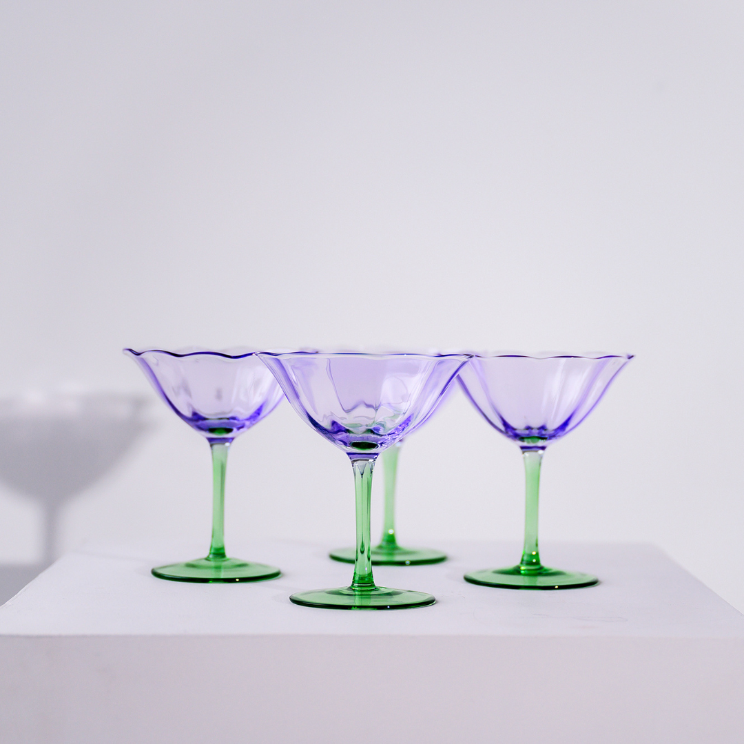 Fleur cocktail coupe- set of 4 in green/lilac, detail view