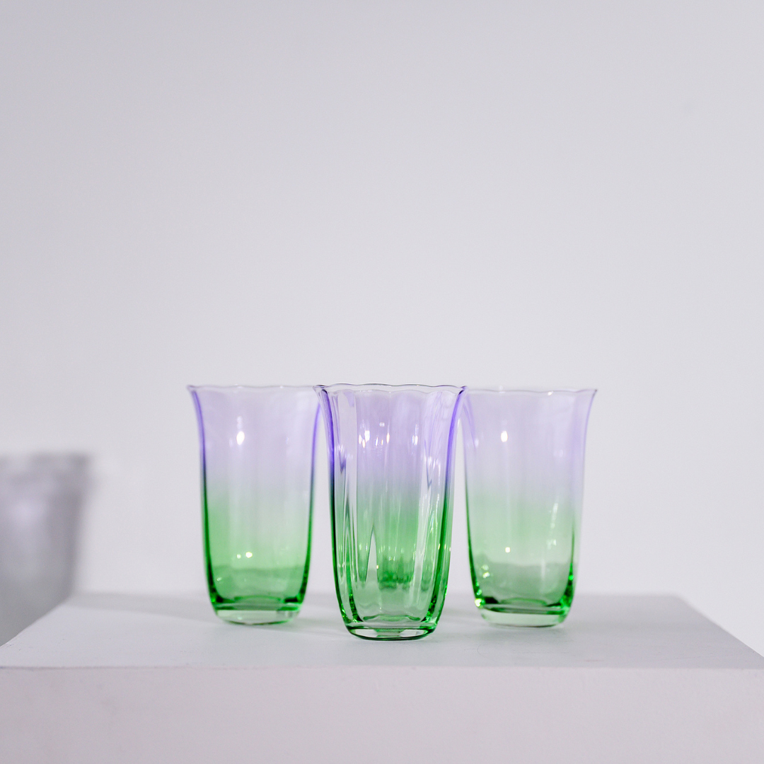 Fleur highball glasses- set of 4 in green/lilac, close-up