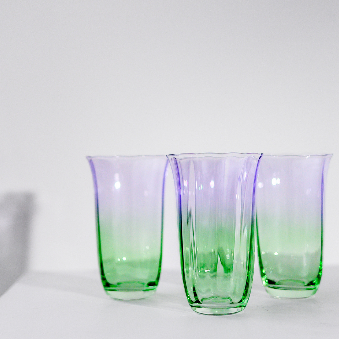 Fleur highball glasses- set of 4 in green/lilac, side view