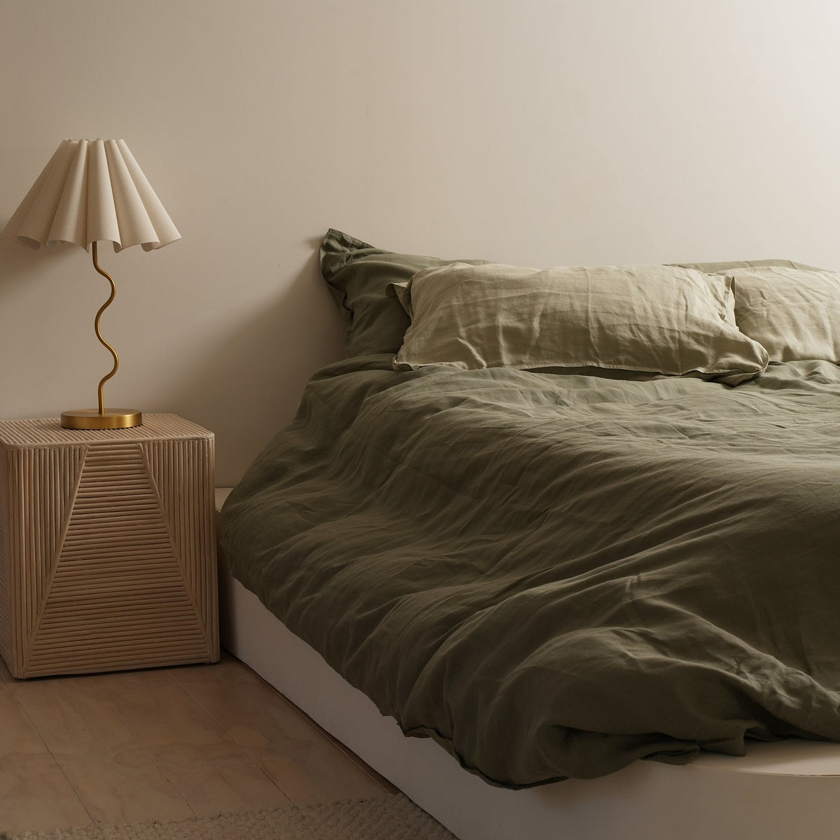 French flax linen duvet cover set in Lichen side view