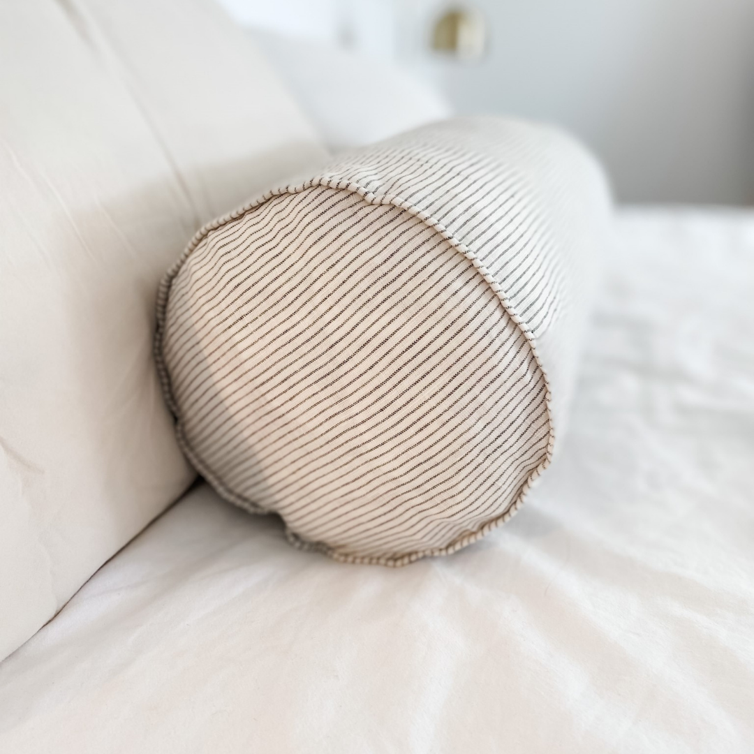 French flax linen feather filled bolster cushion in Charcoal Pinstripe