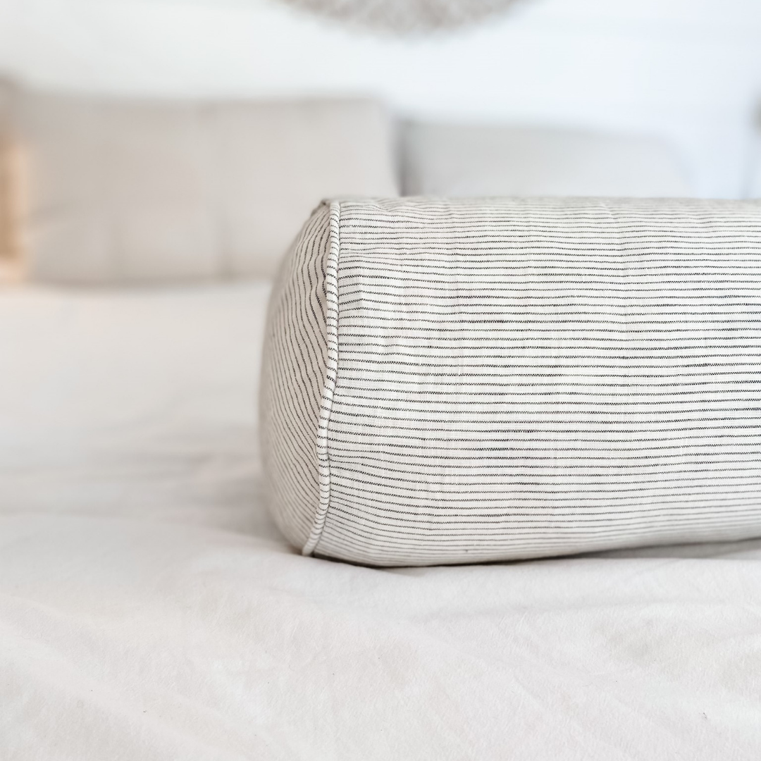 French flax linen feather filled bolster cushion in Charcoal Pinstripe detail view