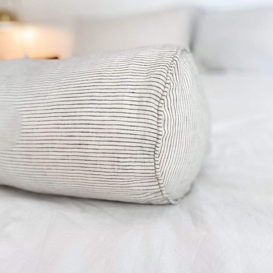 French flax linen feather filled bolster cushion in Charcoal Pinstripe close-up of fabric