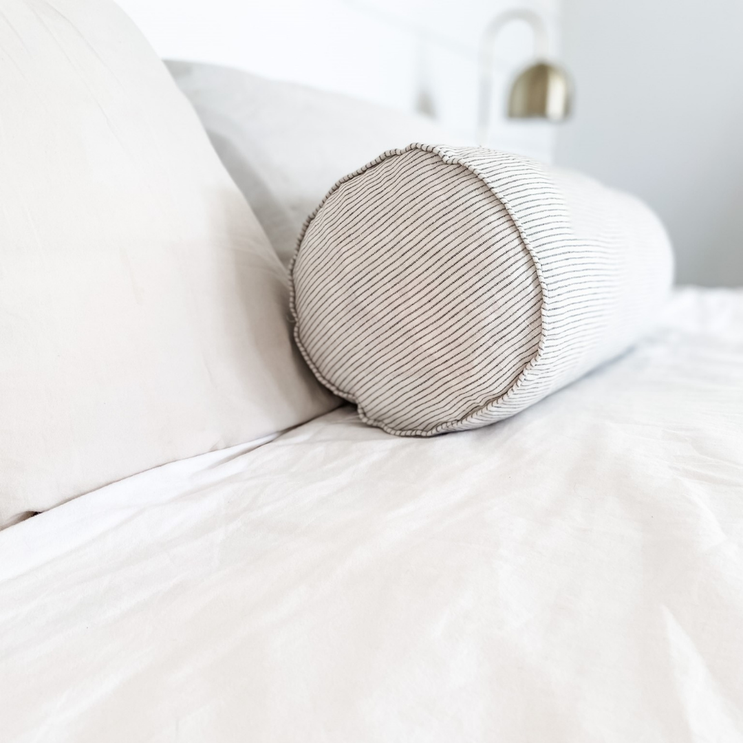 French flax linen feather filled bolster cushion in Charcoal Pinstripe detail view