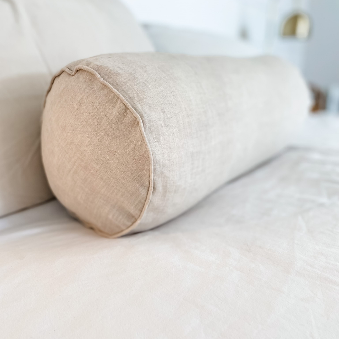French flax linen feather filled bolster cushion in Natural Oat