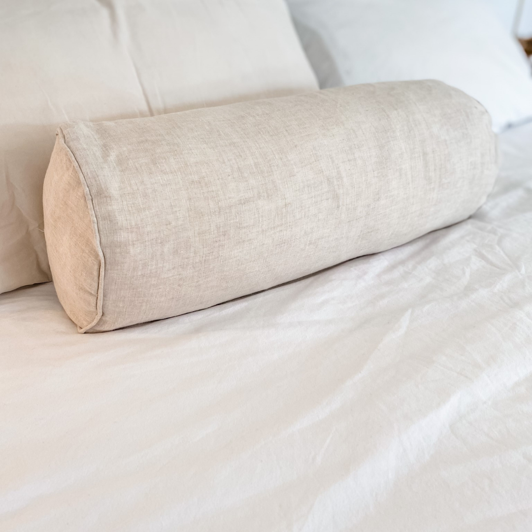 French flax linen feather filled bolster cushion in Natural Oat detail view