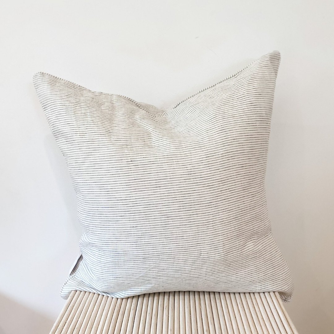 French flax linen feather filled cushion in Charcoal Pinstripe