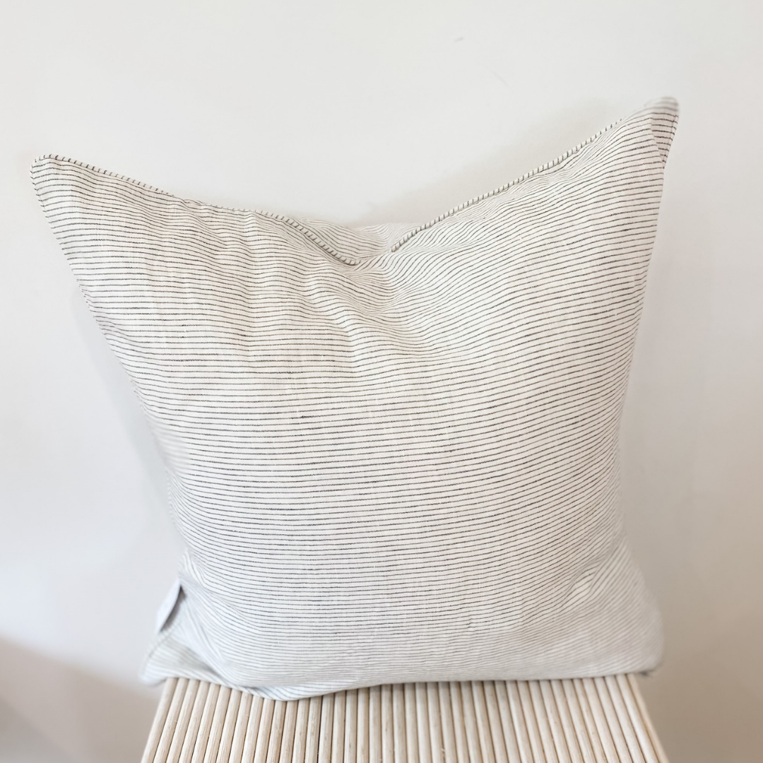 French flax linen feather filled cushion in Charcoal Pinstripe detail view