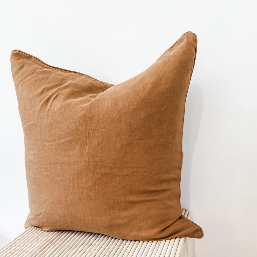 French flax linen feather filled cushion in Ginger detail view
