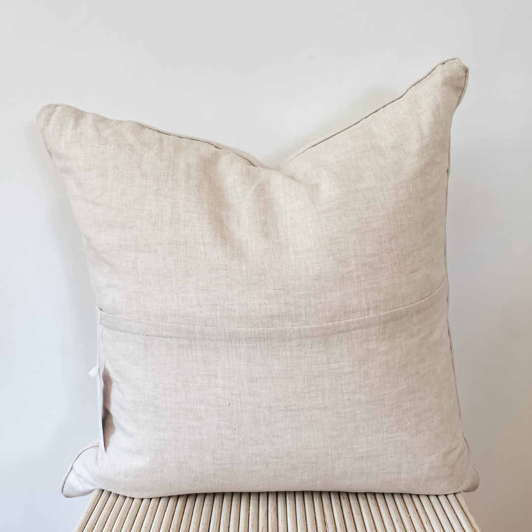 French flax linen feather filled cushion in Natural Oat detail view