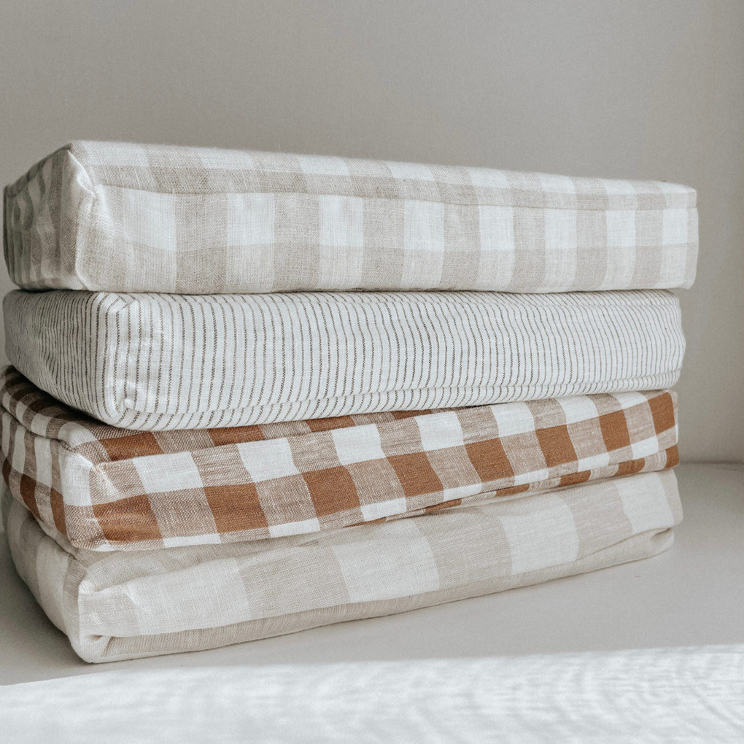 French flax linen fitted cot sheet in Charcoal Pinstripe close-up of fabric